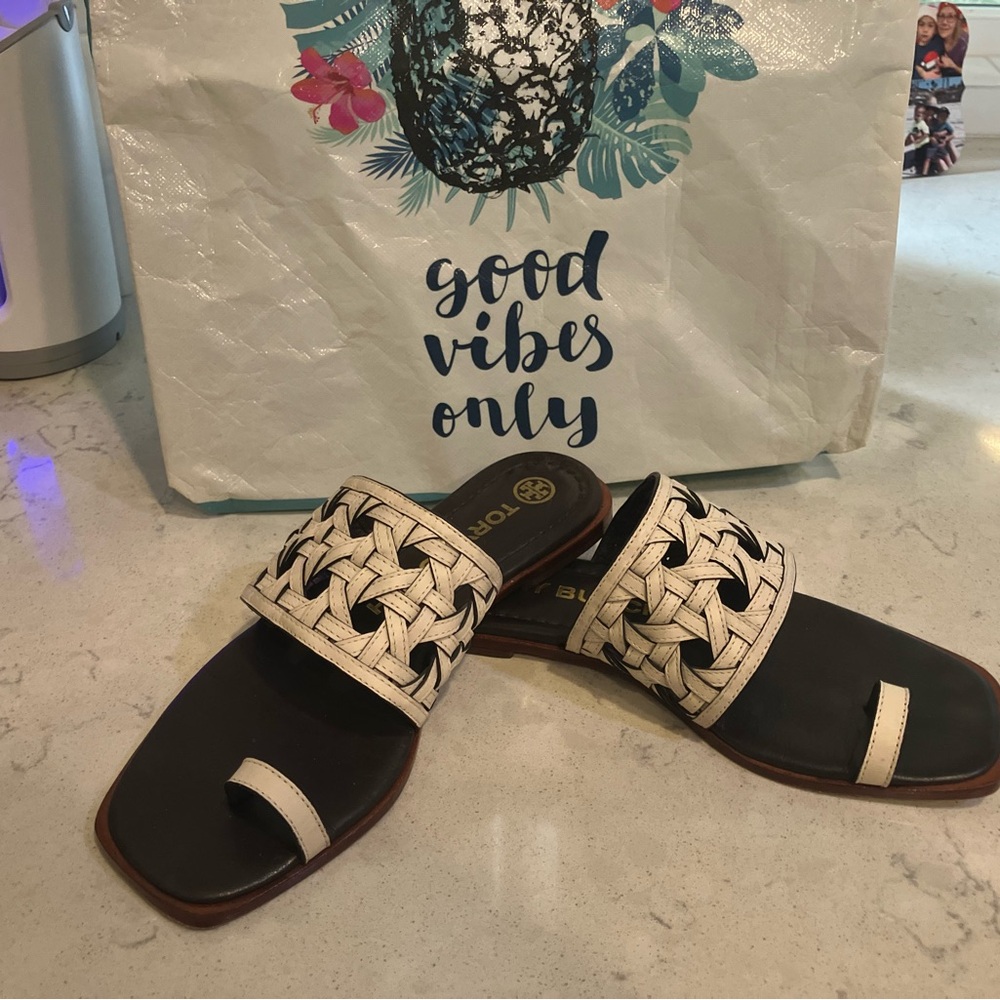Tory Burch Black and White Slide Sandals/ black bottom/ bone leather upper.